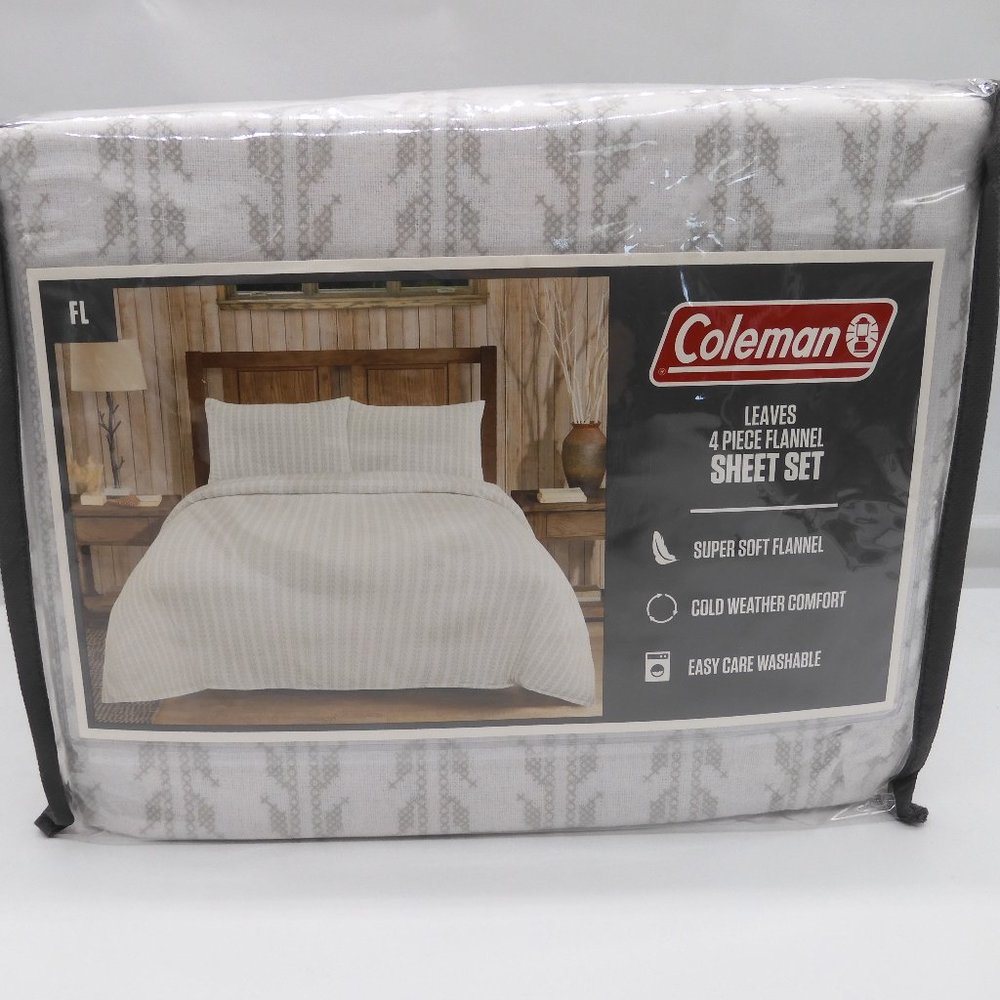 Coleman Sz Twin 3 Piece White and Gray Leaves Flannel Sheet Set